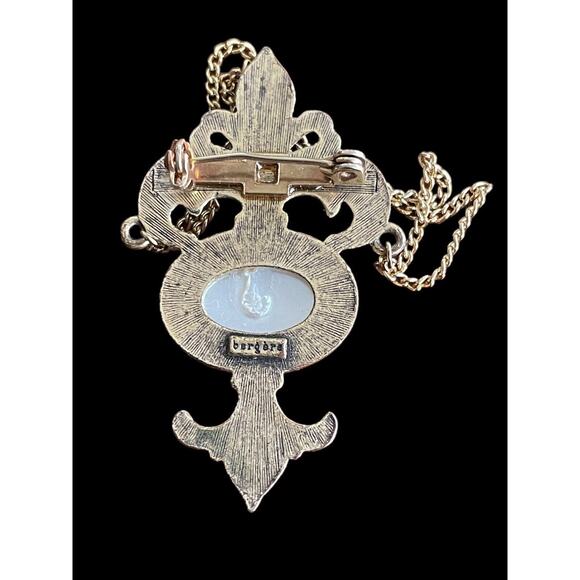 Bergere Gold Tone MOP Chatelaine Style Fleur de Lis Brooch Pin Signed - Picture 3 of 4
